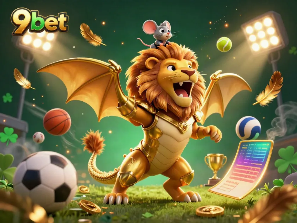 Engage in thrilling games at 9bet with a vibrant 3D casino scene featuring a majestic chimera and mouse jockey.