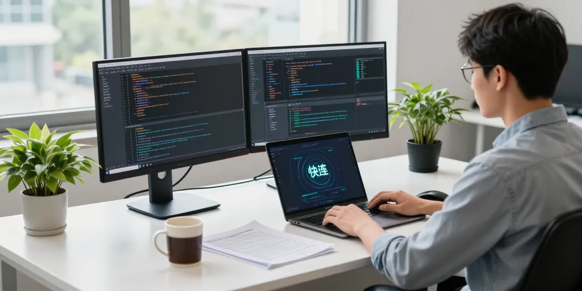 快连 network acceleration platform displayed on a developer's monitors in a modern workspace.