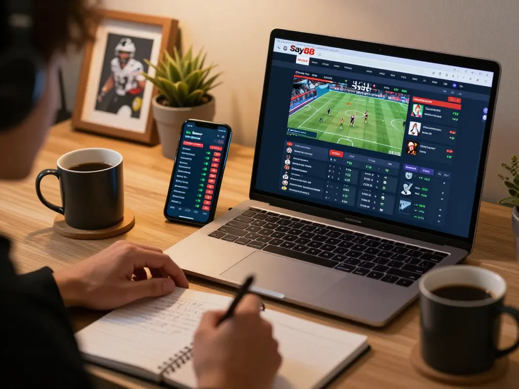Engaging scene of online sports betting at Cổng game Say88 with dynamic gamer setup