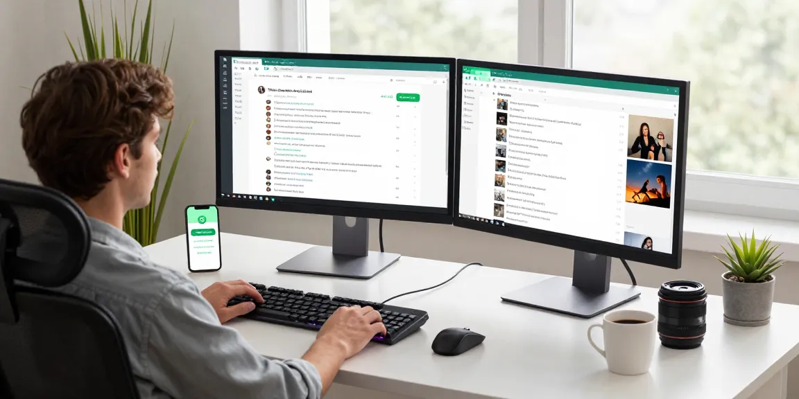 Focused user engaging with WhatsApp網頁版 in a modern tech workspace, showcasing dual monitors and a smartphone with notifications.