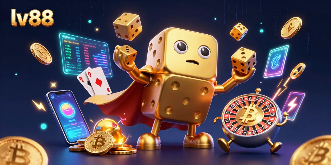 Engage with lv88's vibrant 3D illustration of a golden dice golem juggling dice and showcasing cryptocurrency elements.