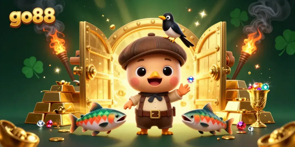 Spin the reels with go88 as the animated characters celebrate a treasure-filled casino adventure.