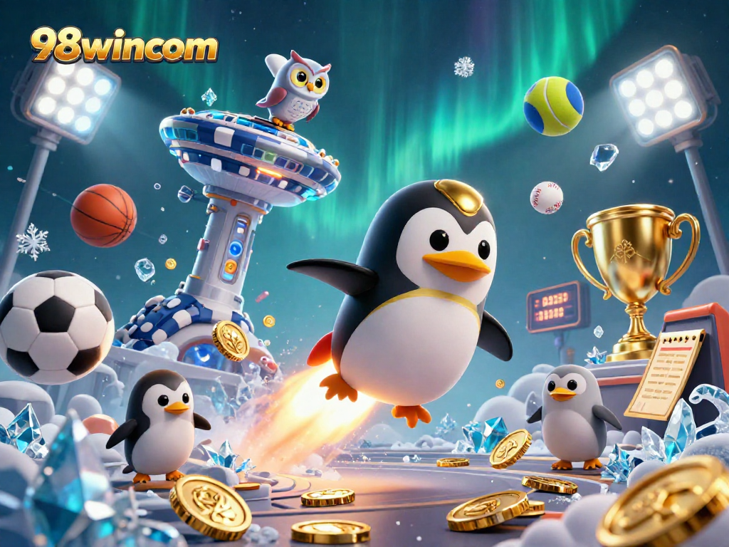Bet on exciting outcomes with 98wincom: A vibrant 3D illustration of a golden penguin and sports elements.