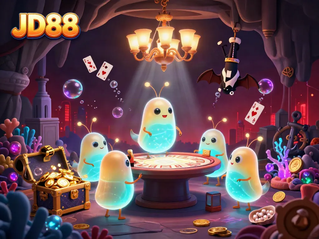 Experience the vibrant JD88 casino with glowworms and underwater treasure in this 3D digital illustration.