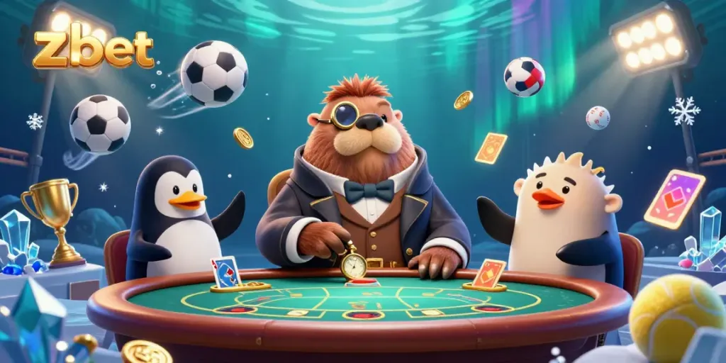 Experience zbet's thrilling underwater casino scene with a walrus, penguin dealer, and pufferfish player.