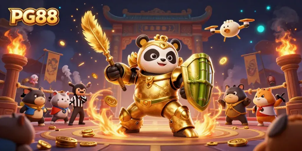 Experience high-stakes action at PG88 with an epic panda mech-battle in a vibrant arena!