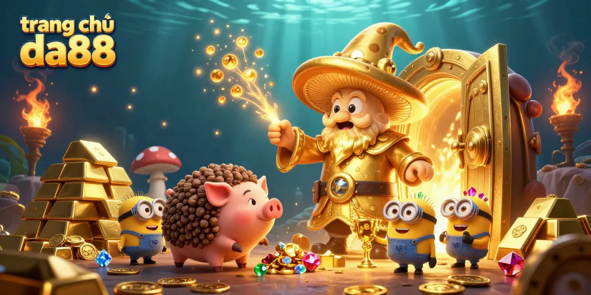 Experience the magic of trang chủ da88 with a golden mushroom wizard and treasures bursting forth from a vault.