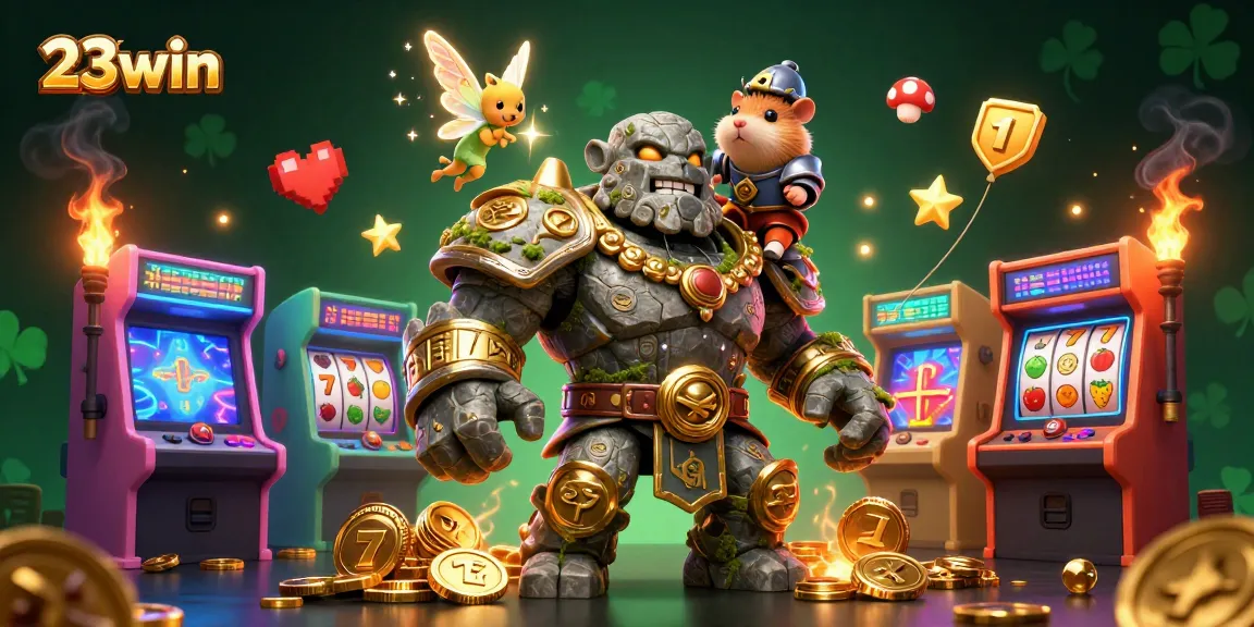 Engage with 23win's vibrant world of slots through a dazzling 3D illustration.