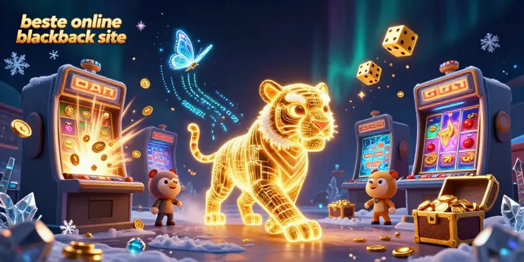 Experience the excitement at the beste online blackjack site with a vivid 3D casino scene featuring unique characters.