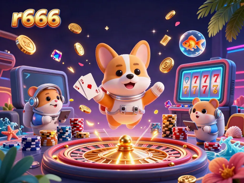 Experience r666 with floating casino characters amid vibrant gaming elements