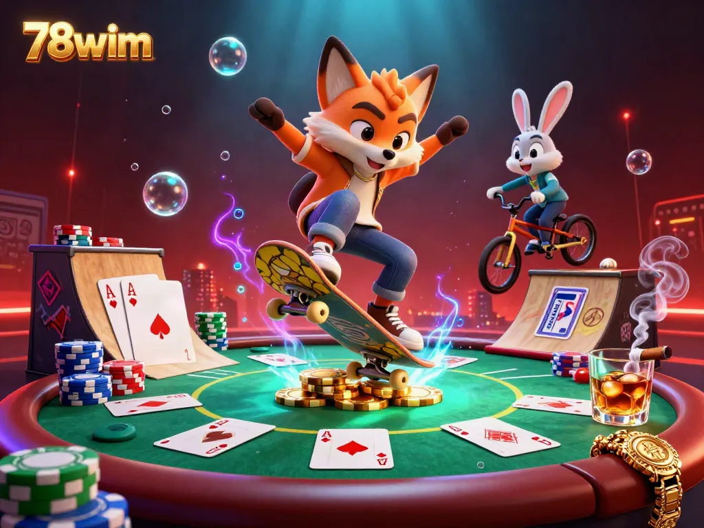 Engage in thrilling casino action with 78wim's vibrant cartoon scene showcasing a skateboarder fox and BMX rabbit.