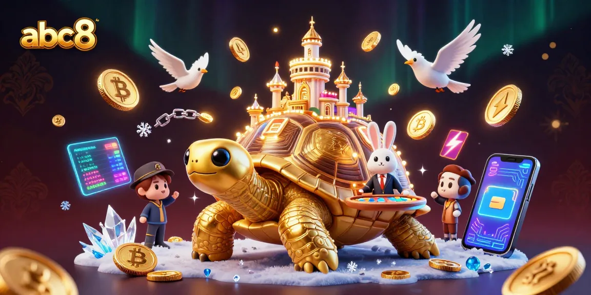 Engage in thrilling gameplay at abc8 with a vivid scene featuring a golden tortoise casino, rabbit dealer, and floating coins.