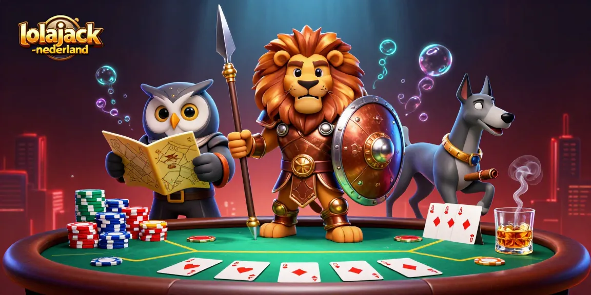 Experience thrilling poker at lolajack-nederland with a heroic lion and strategic owl in a vibrant casino scene.