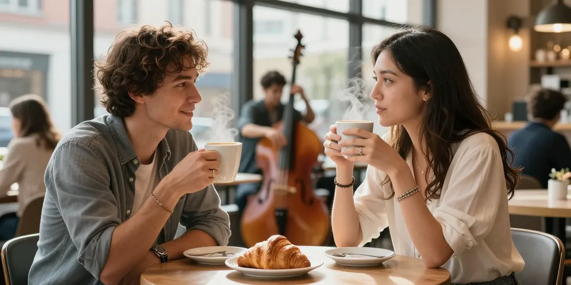 Couple enjoying f168 dating experience in cozy coffee shop.
