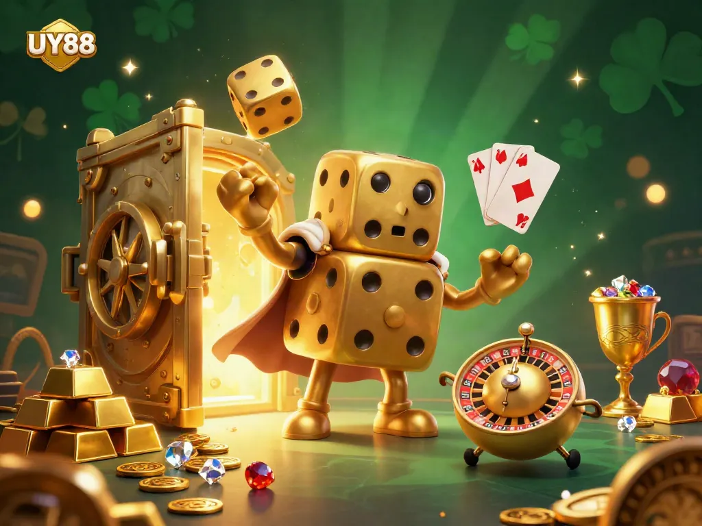 Experience the thrill of UY88 with a vibrant and dynamic 3D casino scene featuring golden dice and treasure.