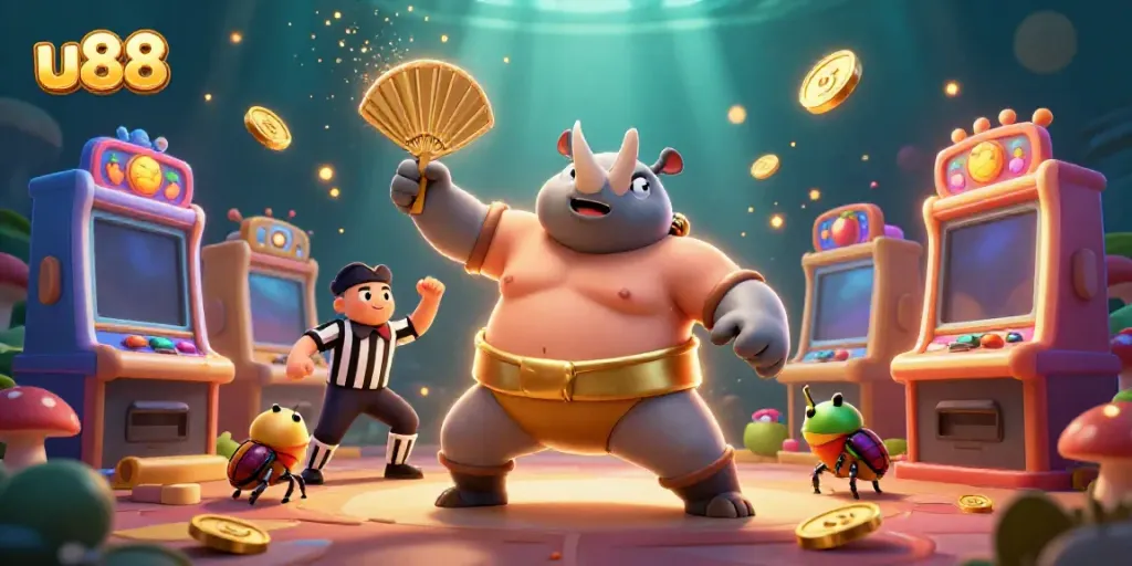Experience thrilling jackpots with u88, a dynamic scene featuring cartoon beetle champions and slot machines.