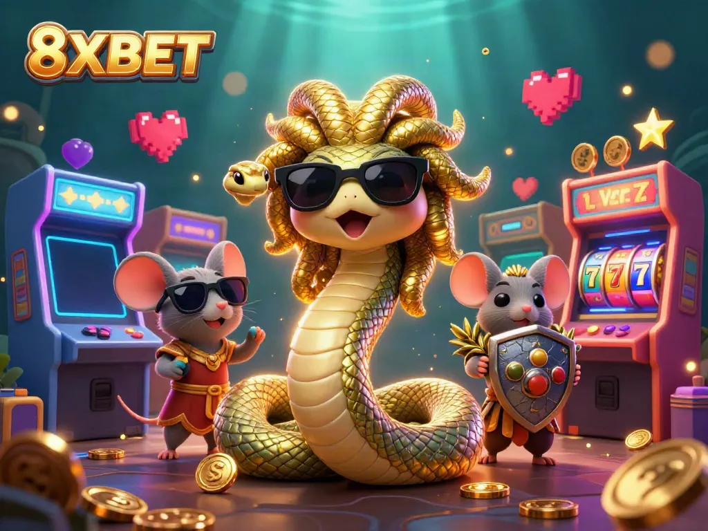 Experience the thrill of 8XBET with vibrant casino elements in a dynamic illustration.