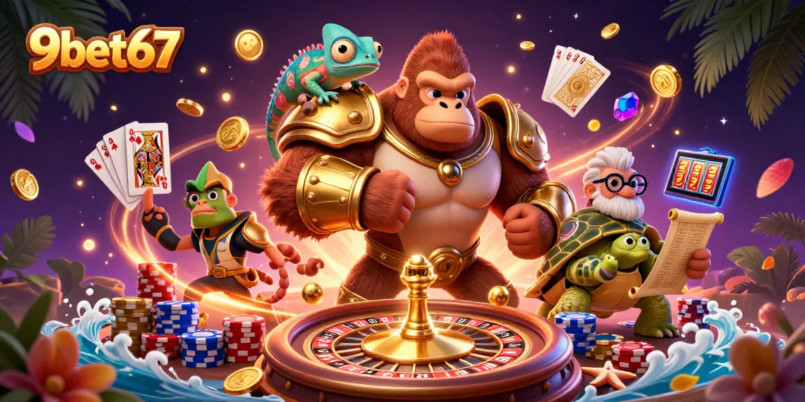 Experience excitement with 9bet67's vibrant 3D casino scene featuring a gorilla king and thrilling game elements.