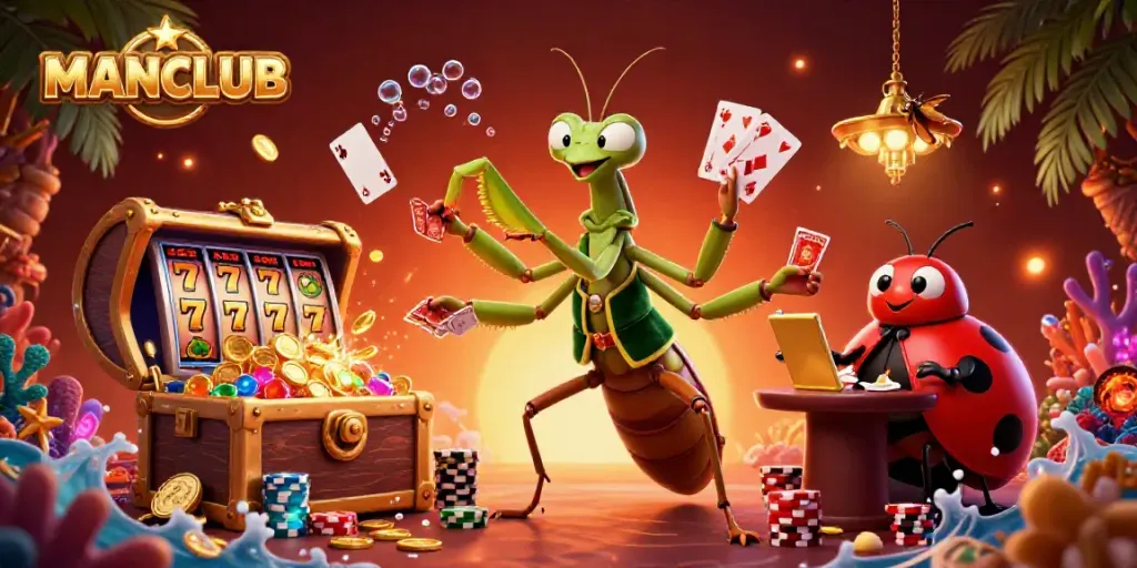 Experience excitement at MANCLUB as a giant praying mantis deals cards amidst vibrant casino elements.