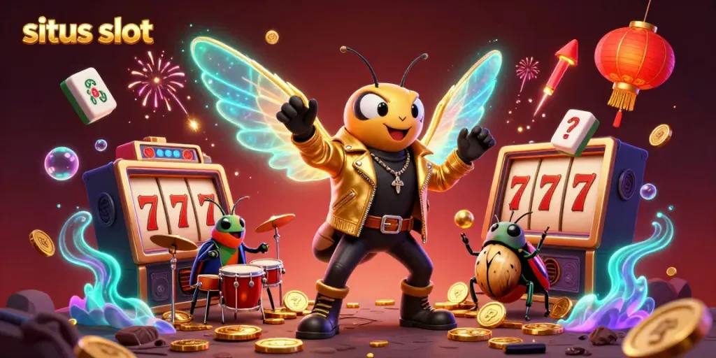 Experience the thrill with this vibrant illustration featuring a cicada rock star in a golden jacket and slot reels, highlighting situs slot excitement.