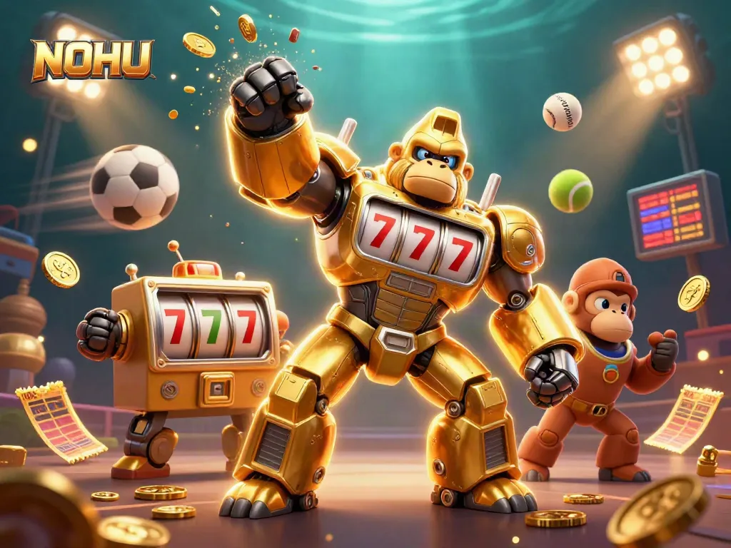 NOHU showcases an exciting gaming experience with a vibrant 3D illustration of casino elements and slots.