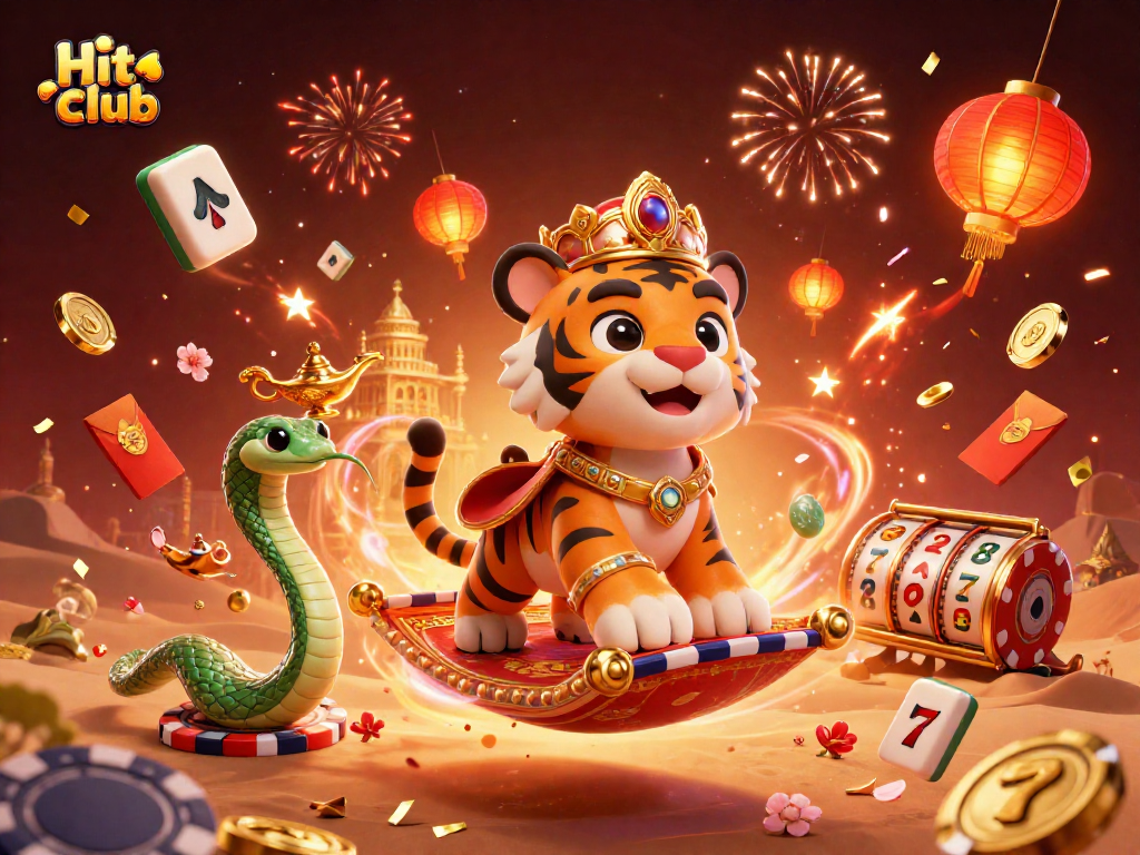 Experience thrilling gameplay at Hit club with a vibrant 3D illustration of casino elements and characters.