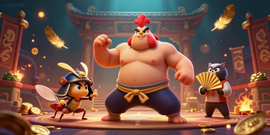 Experience excitement with nk8868 in this vibrant 3D casino illustration featuring sumo wrestling and samurai elements.