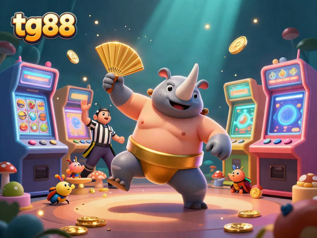 Experience exciting gameplay at tg 88 with a vibrant scene of a cartoon rhinoceros beetle champion surrounded by glowing casino elements.