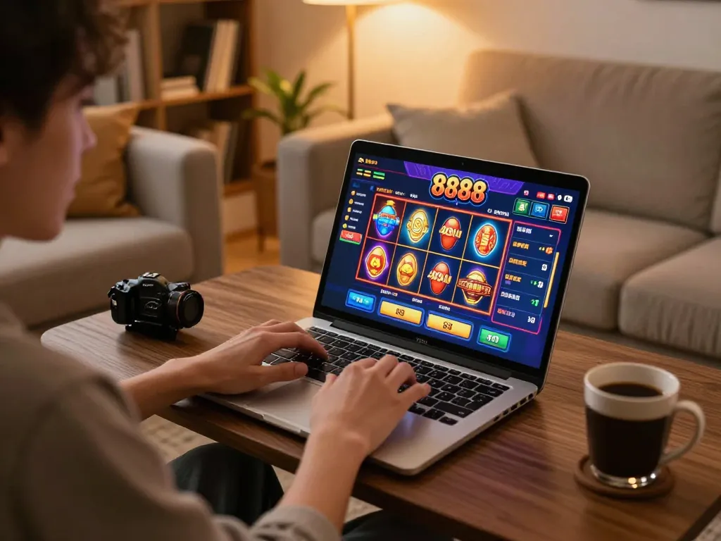 Bermain slot88 di laptop, menikmati suasana permainan rumah yang nyaman dengan minuman hangat