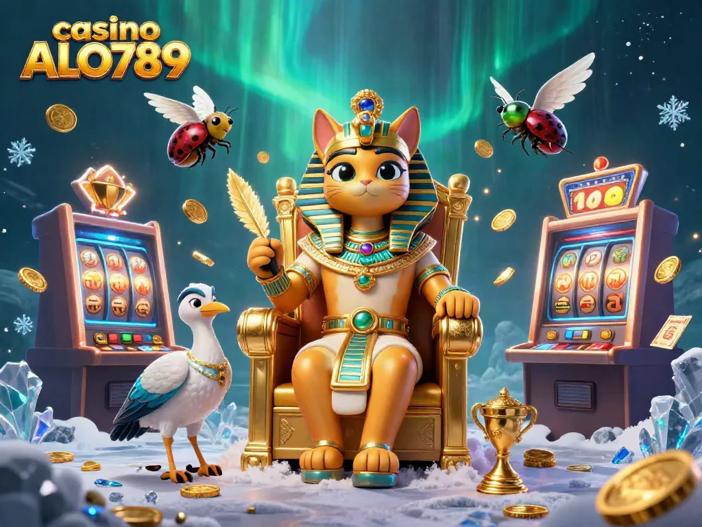 Engage in thrilling gameplay at casino ALO789 with an Egyptian pharaoh cat and dynamic game elements.