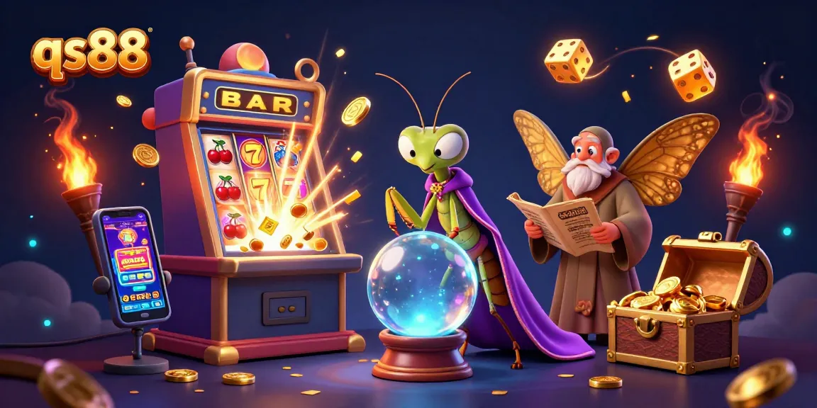 Experience thrilling gameplay at qs88 with a dynamic scene of cartoon fortune teller and gold coins bursting from a slot machine.