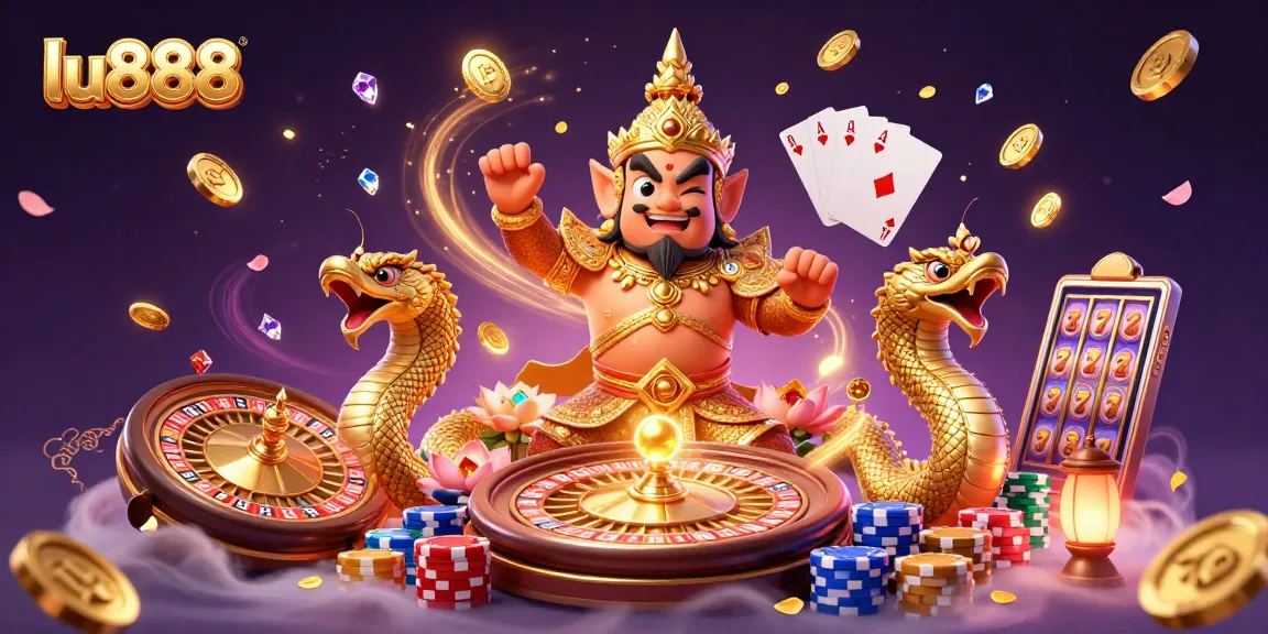 Experience thrilling casino action with lu888 in this vibrant 3D illustration of games and luck.