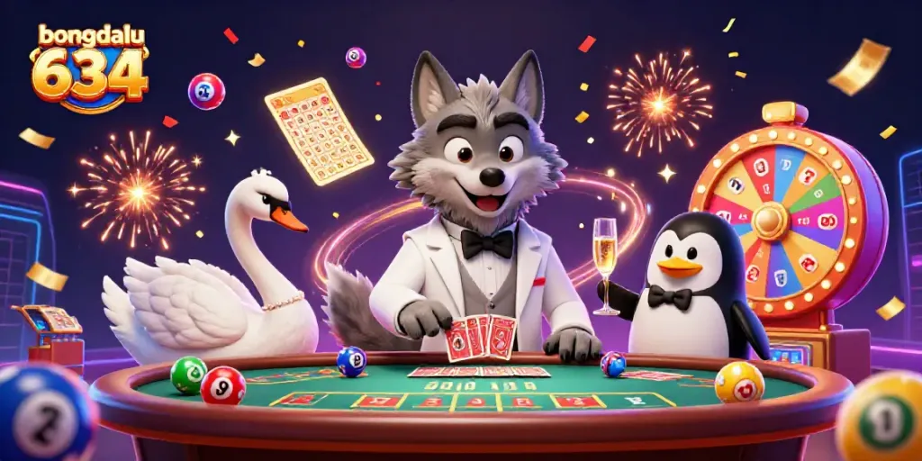 Experience bongdalu 634 as the wolf and swan engage in high-stakes baccarat surrounded by vibrant gambling elements.