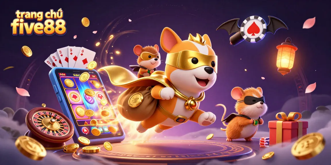 Engage with thrilling gaming action at trang chủ five88, featuring a superhero dog and his sidekick amidst exciting casino elements.