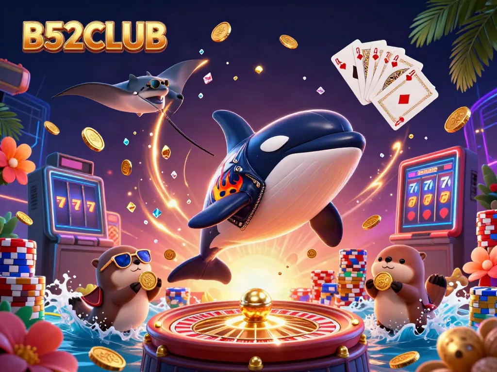 B52CLUB showcases an orca whale, stingray, and otters celebrating with casino elements