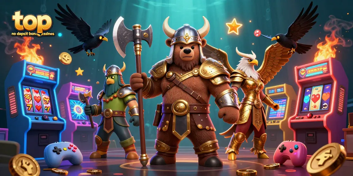Exciting scene showcasing top no deposit bonus casinos with Viking characters and slot machines.
