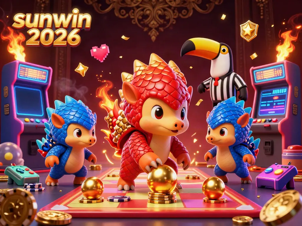Experience the excitement of sunwin 2026 as rival pangolins compete in a vibrant casino setting filled with game elements.