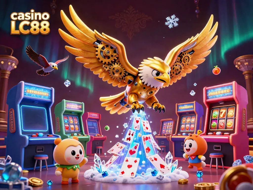 Experience casino LC88 with cybernetic eagle diving through holographic cards amidst vibrant arcade machines.