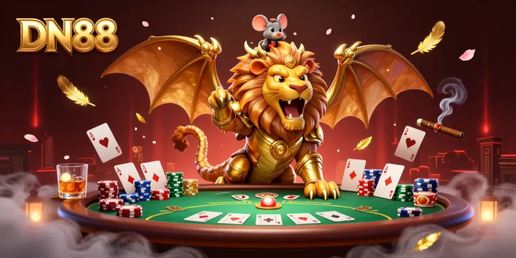 Experience the thrilling DN88 action with a roaring chimera and poker elements in a dramatic casino scene.
