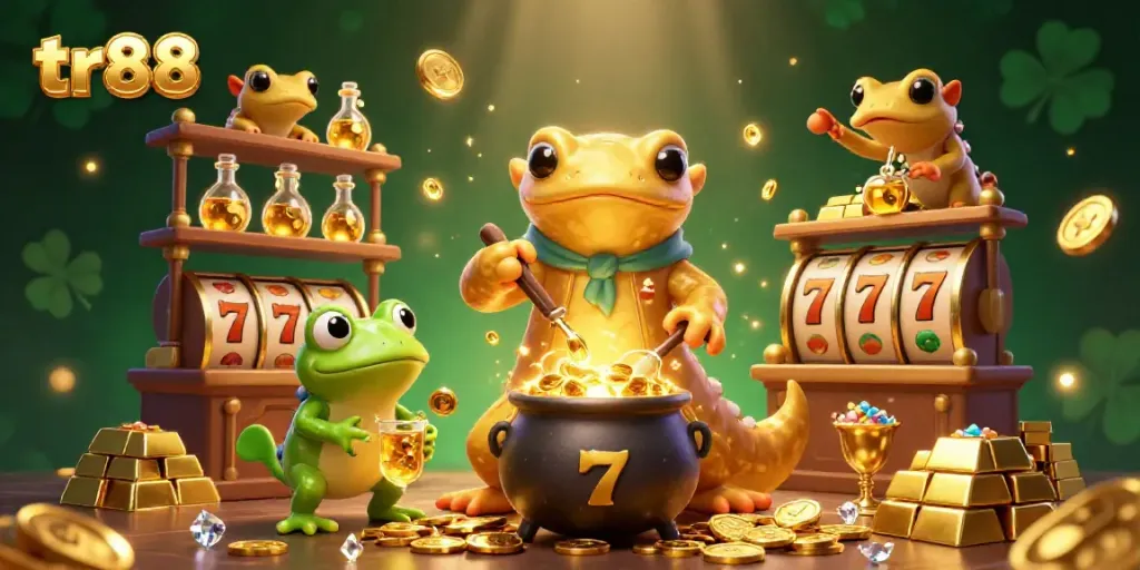 Watch tr88 unfold riches with casino symbols and golden luck in this vibrant 3D illustration.