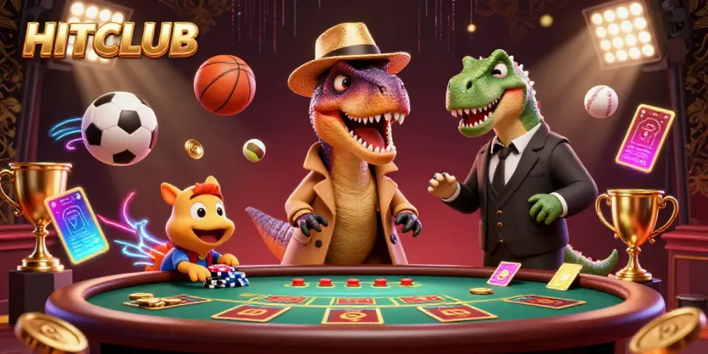 Experience the thrilling HITCLUB casino scene with a velociraptor card counter, gold coins, and dynamic sports elements.