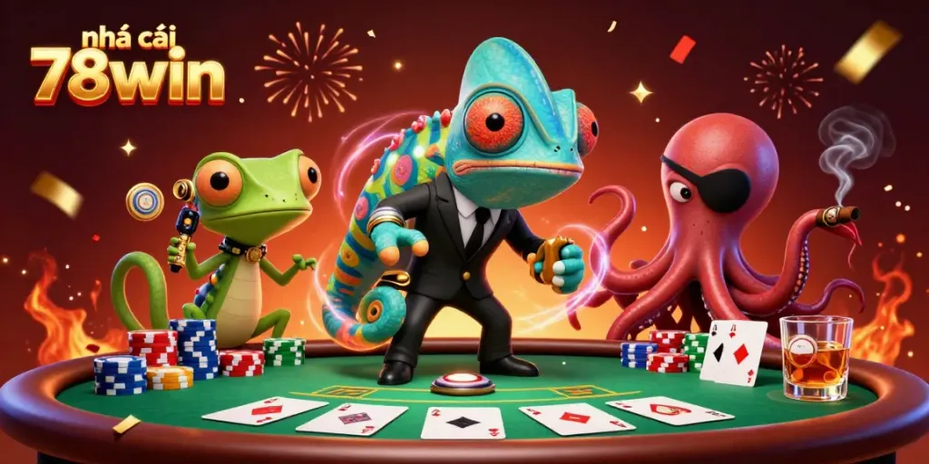 Engage with thrilling games at nhà cái 78win as a chameleon secret agent and friends at a poker table.