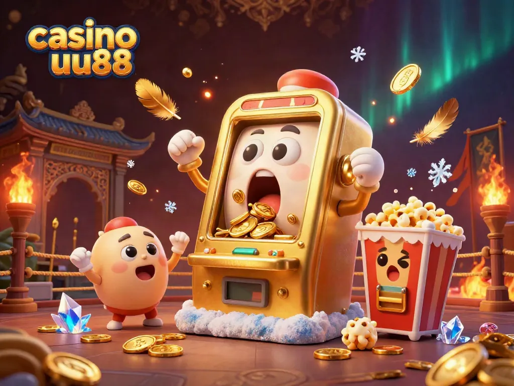 Experience the excitement of casino uu88 with a golden slot machine celebrating a jackpot amidst a dynamic casino scene.