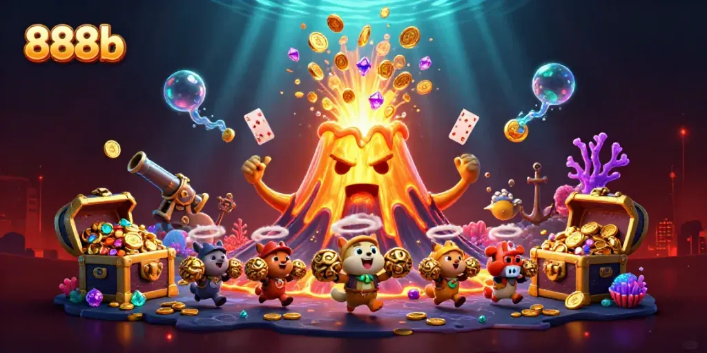 Experience the thrill of 888b with a dynamic 3D illustration of fortune and excitement.