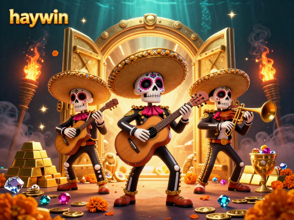 Gain treasures at Haywin with a vibrant 3D illustration of a mariachi band amidst gold and gems.