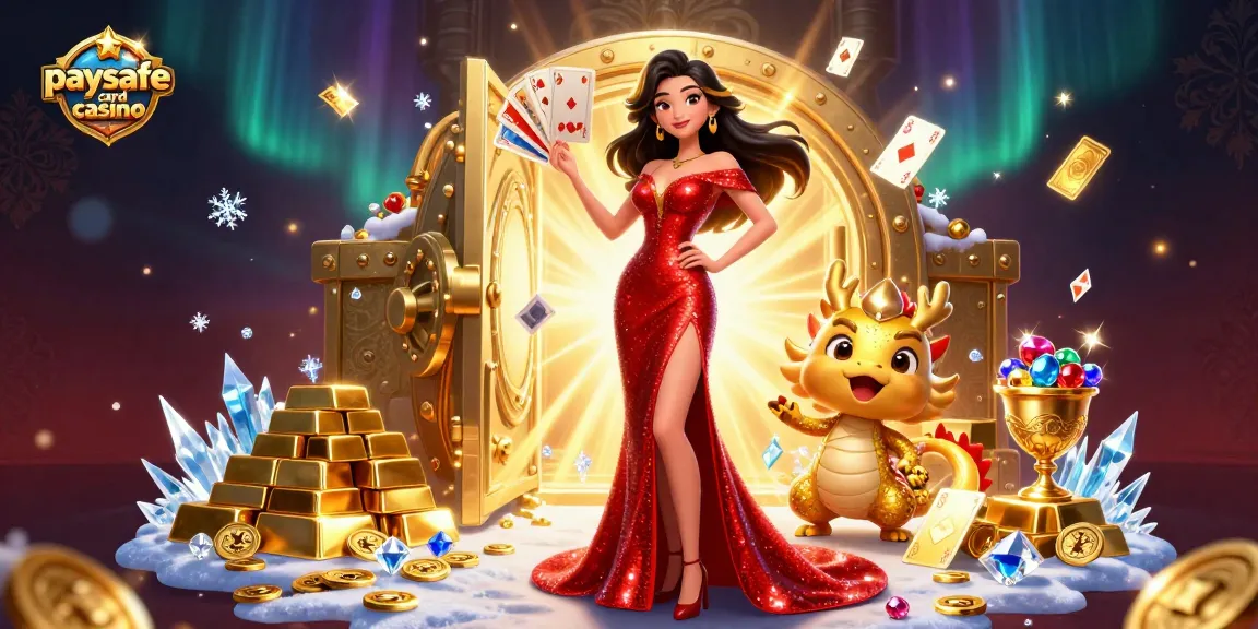 Erleben Sie aufregendes Gameplay im Paysafe Card Casino mit einer eleganten asiatischen Frau und einem goldenen Drachen-Maskottchen.
