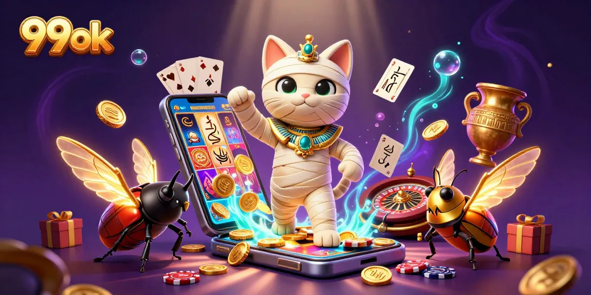 Experience thrilling moments at 99ok with a vibrant gaming scene featuring an Egyptian mummy cat and golden casino elements.
