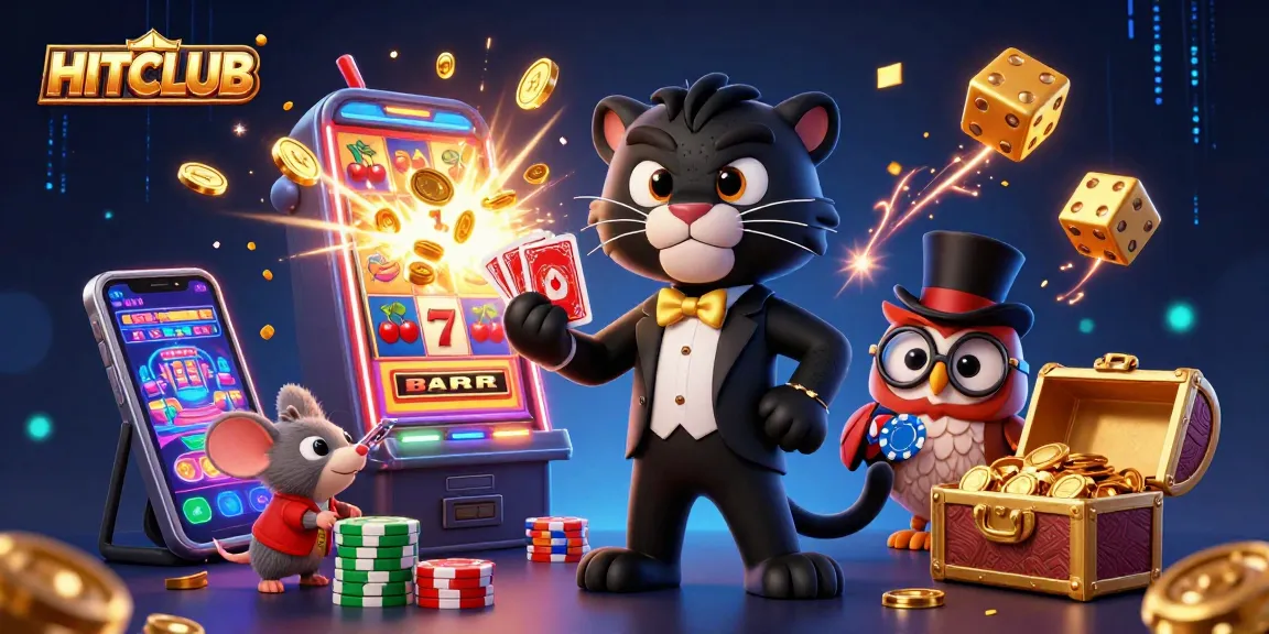 HITCLUB showcases a stylish panther dealing cards with vibrant casino elements and engaging characters.