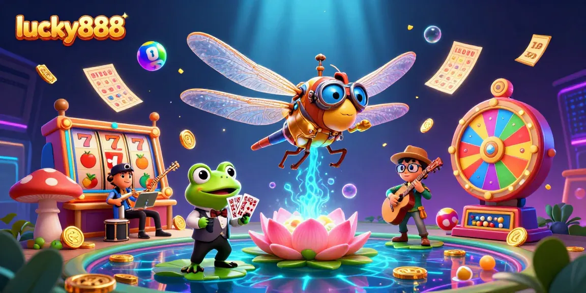 Experience exhilarating gameplay with lucky888 as the cartoon dragonfly pilot, frog croupier, and jazz musicians create a vibrant casino scene.
