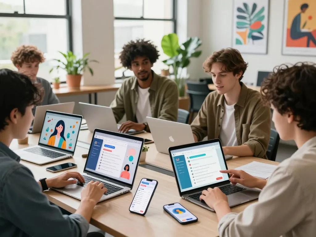 Engaging scene with users interacting with juicy ai chat application in a vibrant coworking space.